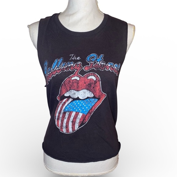 Tops - ROLLING STONES USA Band Tee-Shirt Cropped Sleeveless Distressed Black Red SZ Med